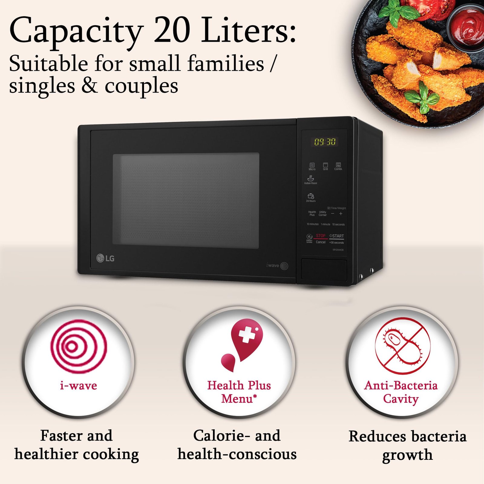 LG 20 L Grill Microwave Oven (MH2044DB, Black, Quartz Heater, I-Wave Technology, Indian Cuisine, Auto Cook Menu, Steam Clean, Anti-Bacterial Cavity & Health plus Menu) - Image 3