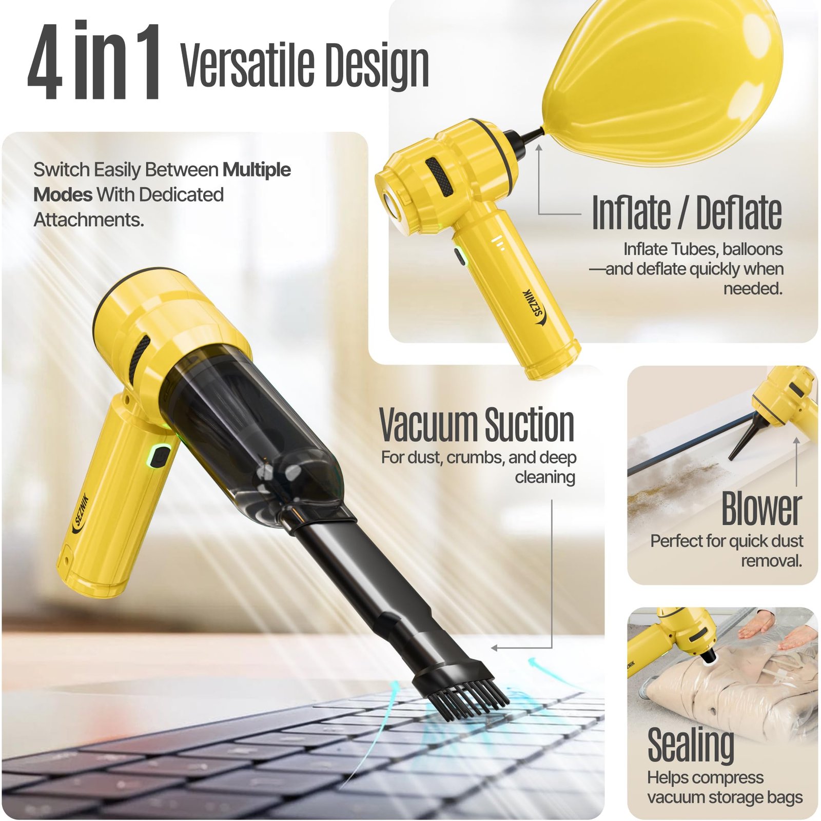 SEZNIK Vacuum Cleaner for Home Use | Car Use | 4 in 1 Cordless Vacuum Cleaner & Blower | Rechargeable 6000mAh | 3 Speed Suction Upto 15000PA | BLDC Motor | Clean Sofa, Curtains, More | 1 Year Warranty - Image 4