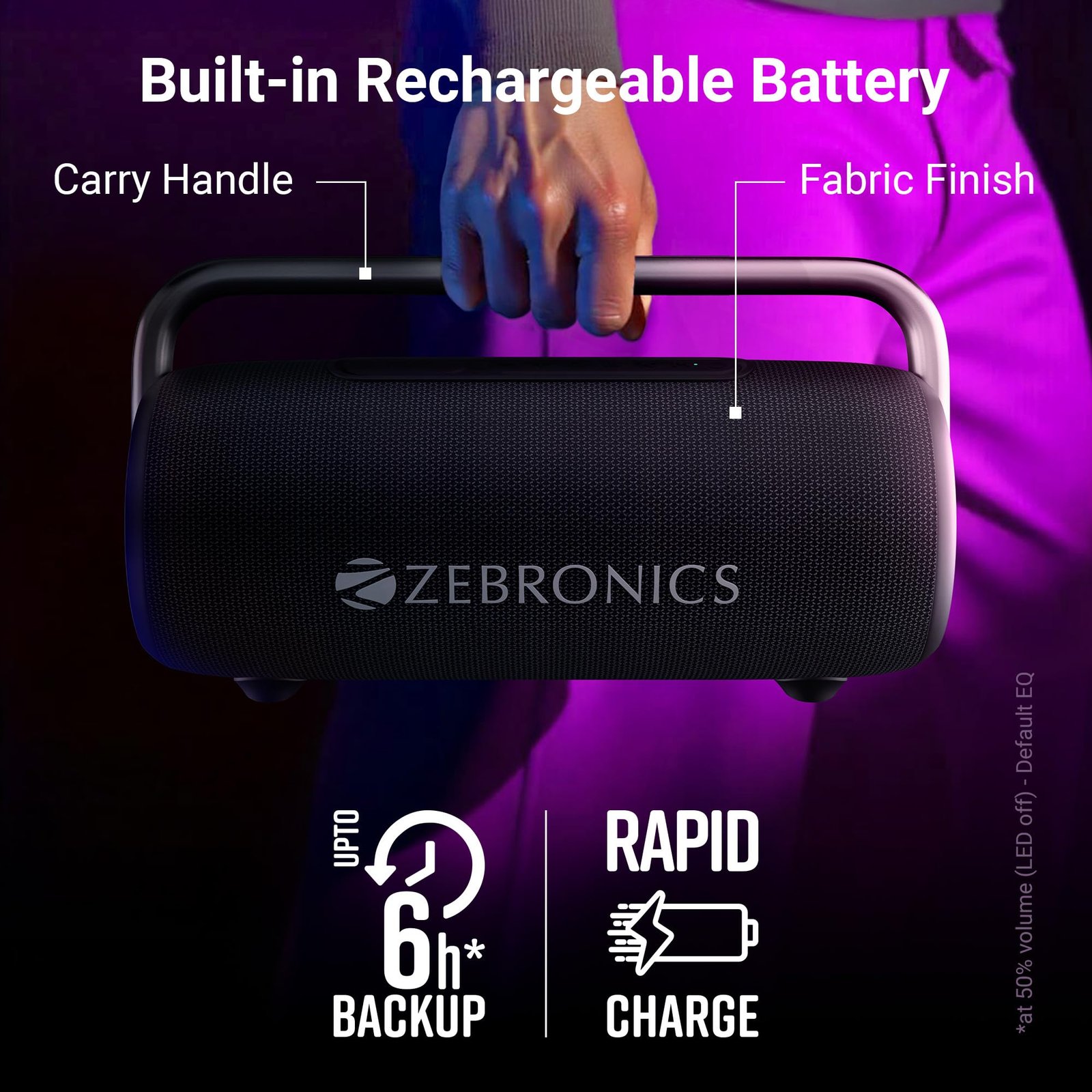 ZEBRONICS AXON 100 Portable Party Bluetooth Speaker, 90W RMS, Quad Drivers + Dual Passive Radiators, IPX5, Upto 6 Hours Playback, Rapid Charging, BT | USB | AUX | TWS, Fabric Finish, RGB, Deep Bass