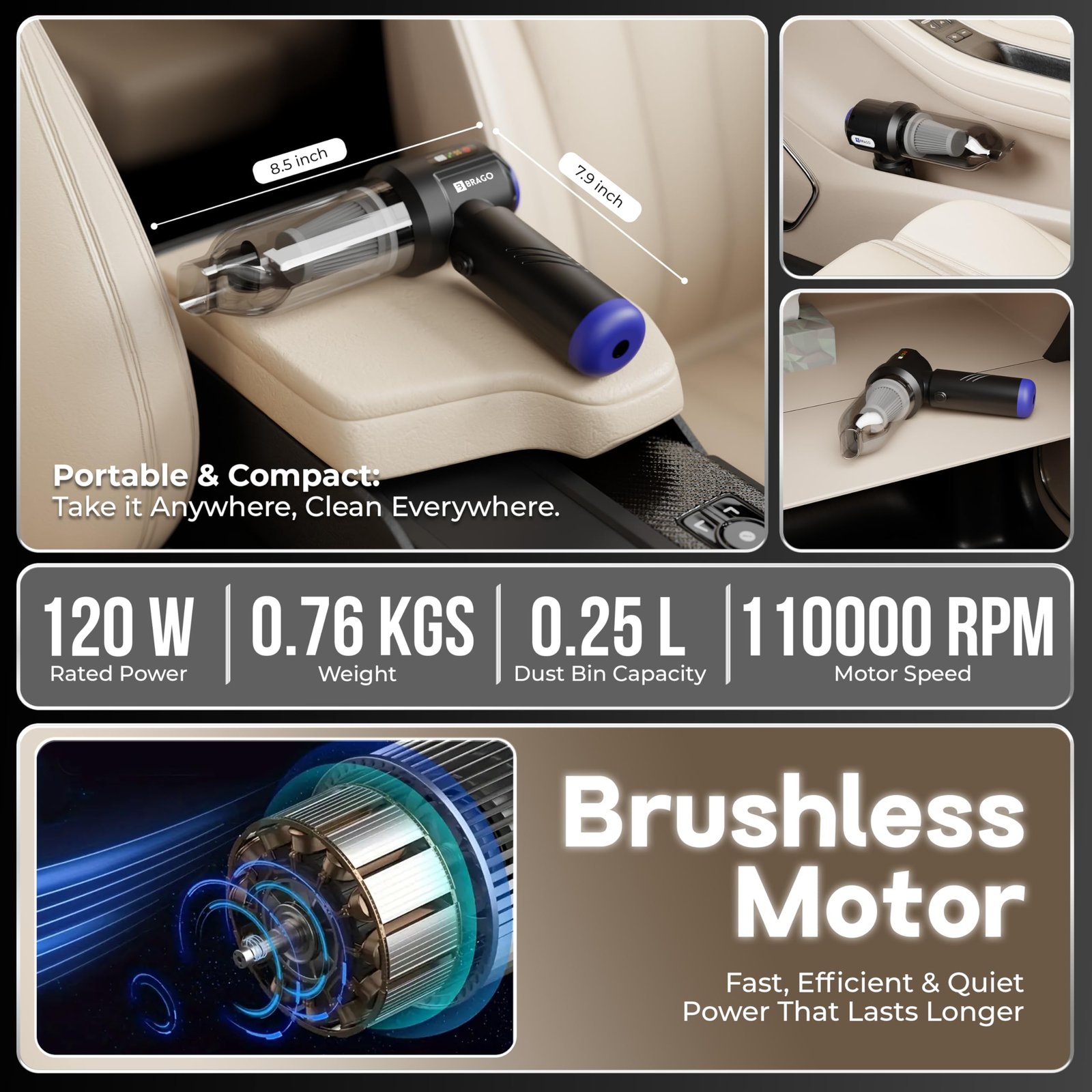 Brago TurboVac Cordless Vacuum Cleaner for Car & Home, 18500Pa Powerful Suction, 4-in-1 Portable Vacuum & Air Blower, 9600mAh Battery (40 Mins Runtime), 3-Speed BLDC Motor - Image 6