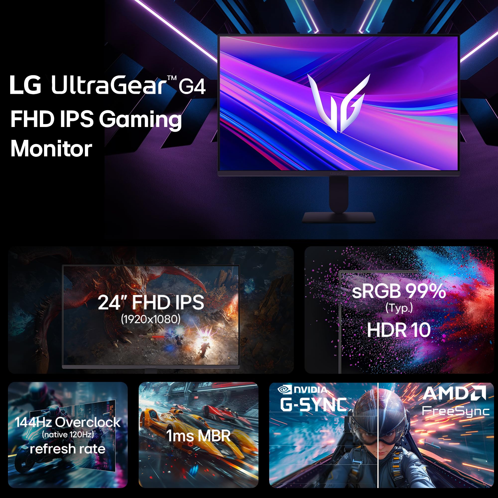 LG 24G411A 60.4 cm(24 Inch) Ultragear FHD(1920 x 1080) IPS Gaming Monitor, 1ms MBR, 144Hz (O/C), HDR10, NVIDIA G-Sync Compatible, AMD FreeSync, HDR10, HDMI, DP, HP Out, Anti-Glare, Slim Stand, Black - Image 3