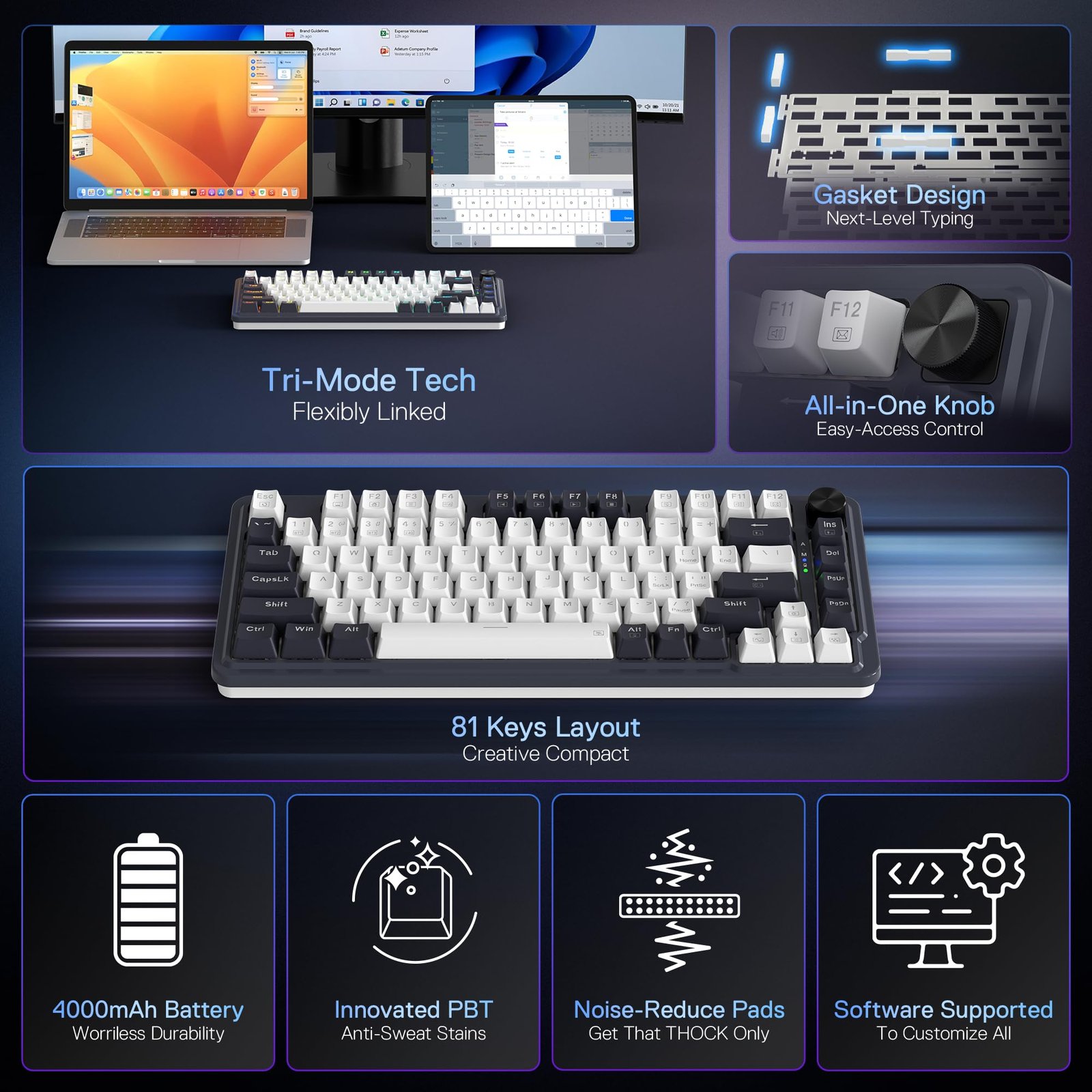 Redragon K673 PRO 75% Wireless Gasket RGB Gaming Keyboard, 3-Modes 81 Keys Compact Mechanical Keyboard w/Hot-Swap Socket, Dedicated Knob Control & Sound Absorbing Pads, Linear Red Switch - Image 3