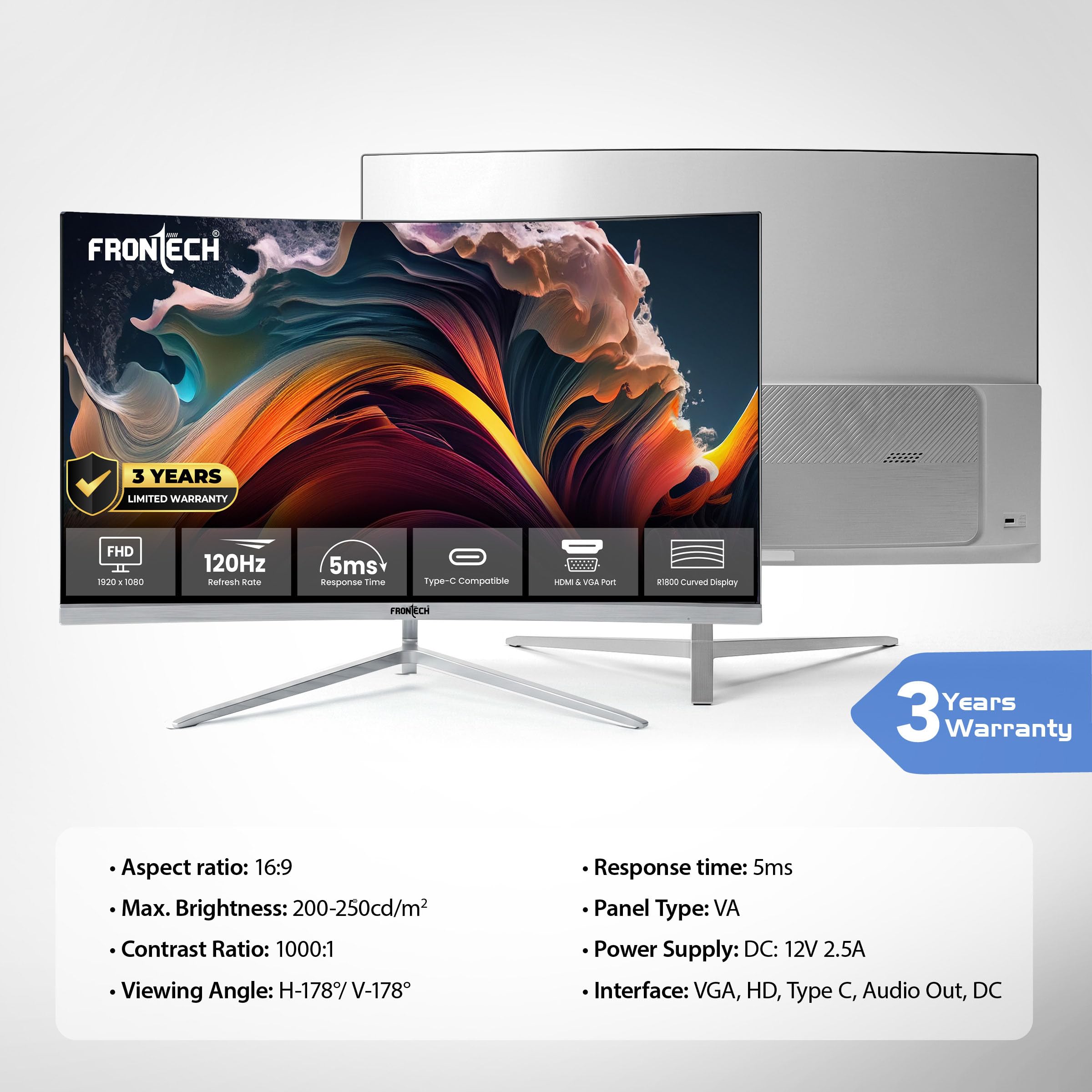 FRONTECH 24 Inch Ultima Series Curved LED Monitor | Refresh Rate 120Hz, 1800R Curve| Full HD 1080p,Slim Bezel Less Design |Triple Ports- HDMI, VGA & Type-C Port (MON-0077, White)