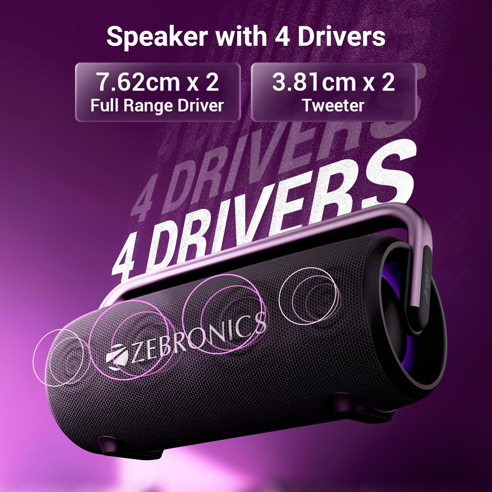 ZEBRONICS AXON 100 Portable Party Bluetooth Speaker, 90W RMS, Quad Drivers + Dual Passive Radiators, IPX5, Upto 6 Hours Playback, Rapid Charging, BT | USB | AUX | TWS, Fabric Finish, RGB, Deep Bass - Image 5