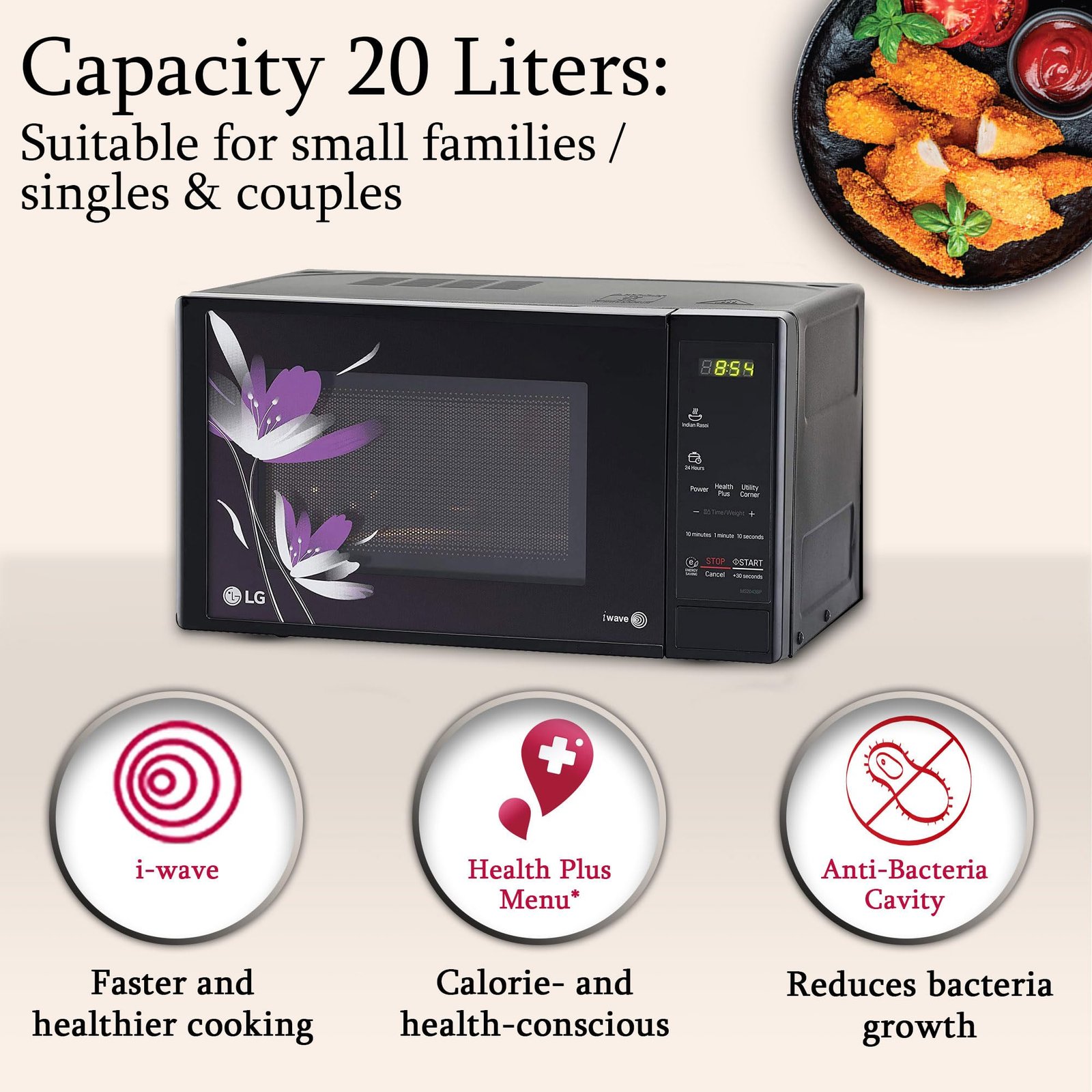 LG 20 L Solo Microwave Oven (MS2043BP, Black, Health plus Menu, I-Wave Technology, Indian Cuisine, Even Reheat & Defrost, Auto Cook Menu, Anti-Bacterial Cavity & Steam Clean) - Image 3