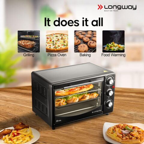 Longway Royal OTG 25 Ltr Oven Toaster Griller with Heating Modes | Temperature Timer Control for Baking Pizza, Cake, Grilling Chicken & Toasting Bread| 2 Years Warranty (1500 W, Black)