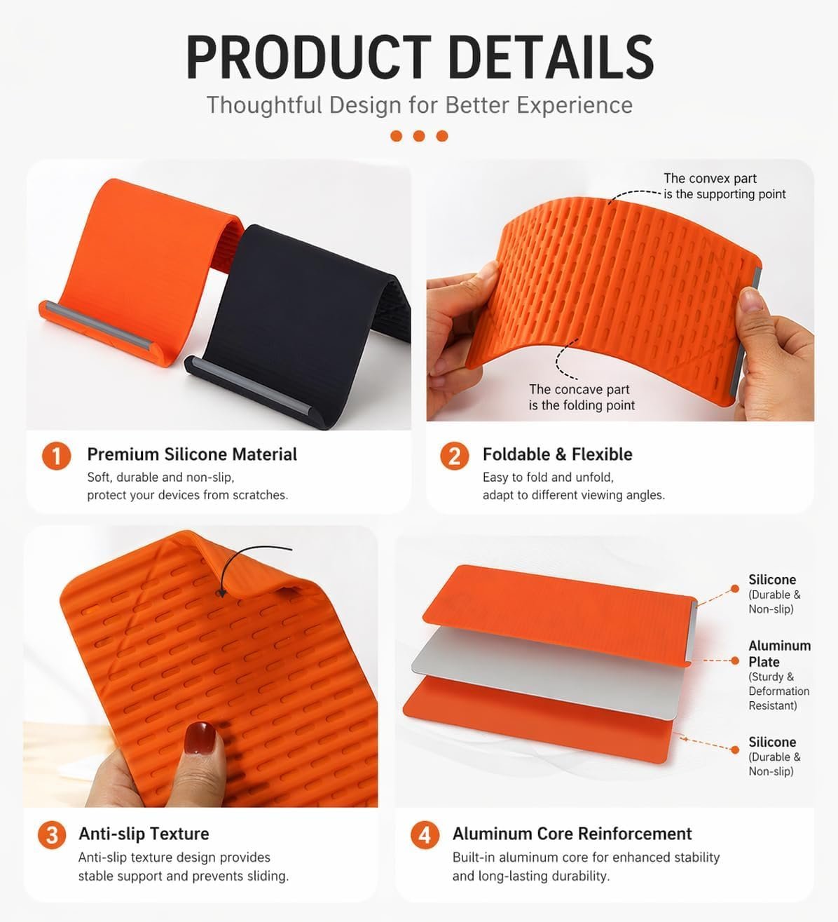 SellBotic Flexible Silicone Phone Stand, Multi-Angle Adjustable Cell Phone Holder, Portable Phone Stand for Desk, Compatible with iPhone, iPad, Tablet, Laptop, for Home, Office, Gaming (Orange) - Image 3