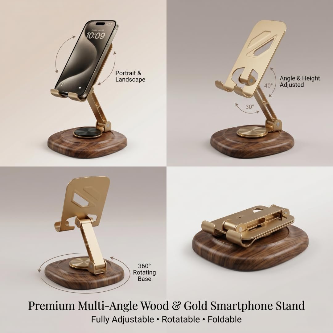 Origin State Luxury 360° Rotating Cell Phone Stand | Adjustable Walnut Wood & Aerospace-Grade Aluminum Desktop Smartphone Holder | Foldable Cradle for Smartphones & Tablets - Image 6