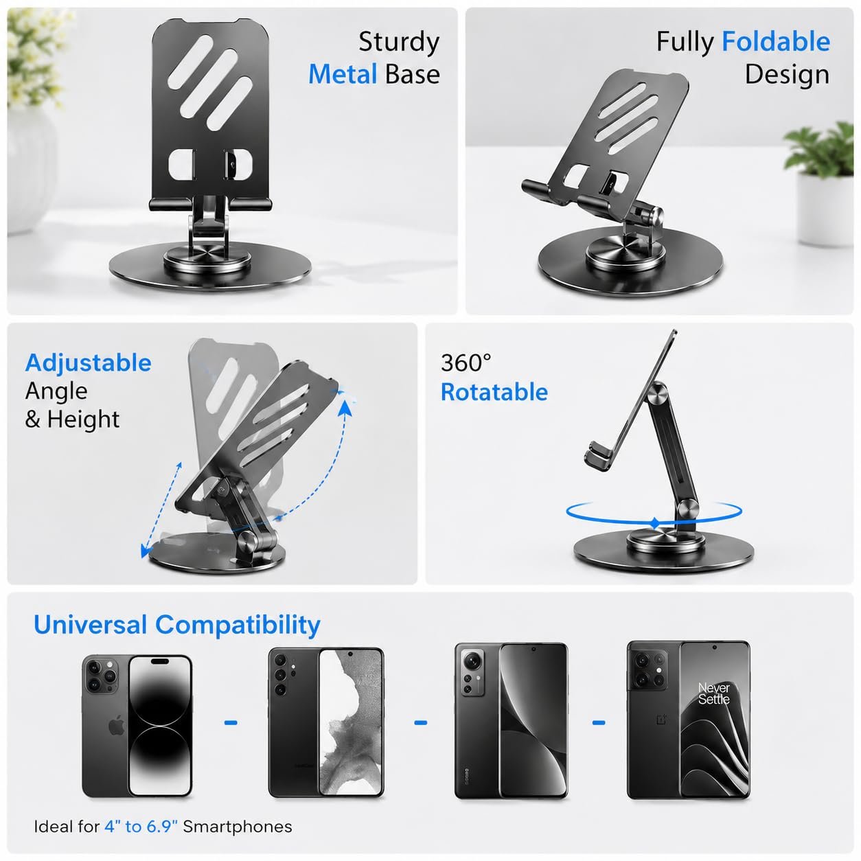 SPKAY 360 Degree Rotating Mobile Stand for Table Adjustable and Foldable Desk Phone Holder with Anti-Slip Base, Universal Phone Stand Compatible with All Smartphones - Image 2
