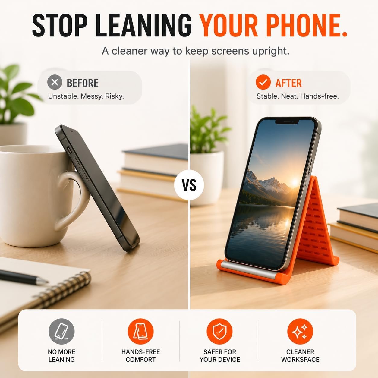 SellBotic Flexible Silicone Phone Stand, Multi-Angle Adjustable Cell Phone Holder, Portable Phone Stand for Desk, Compatible with iPhone, iPad, Tablet, Laptop, for Home, Office, Gaming (Orange) - Image 4
