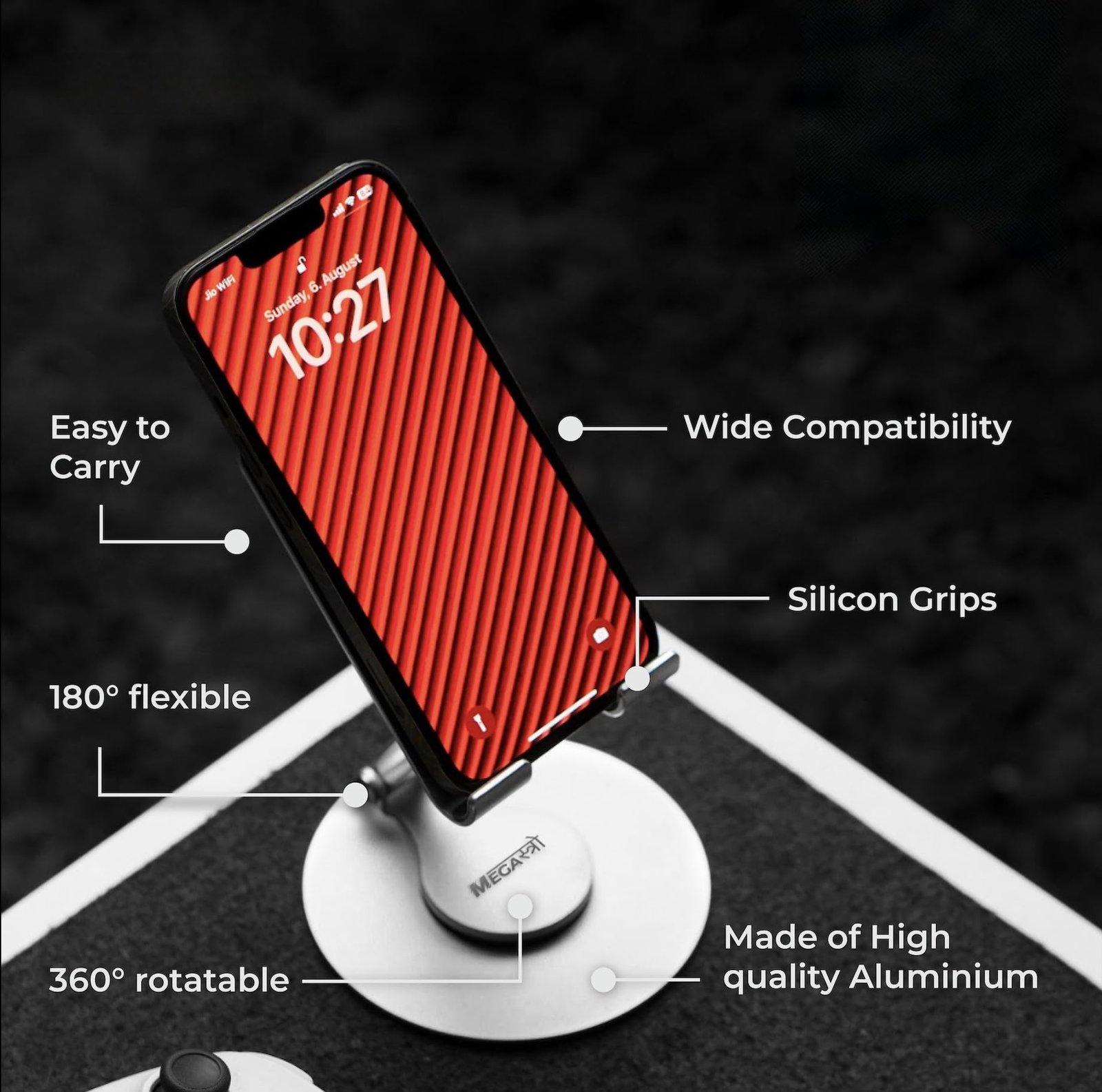MegaStro® Aluminum 360 Rotatable Phone/Tablet Stand (Under 10inch) - MVPmini | Adjustable, Sturdy, and Versatile | Universal Compatibility | Hands-Free Viewing (Metallic Silver) - Image 4