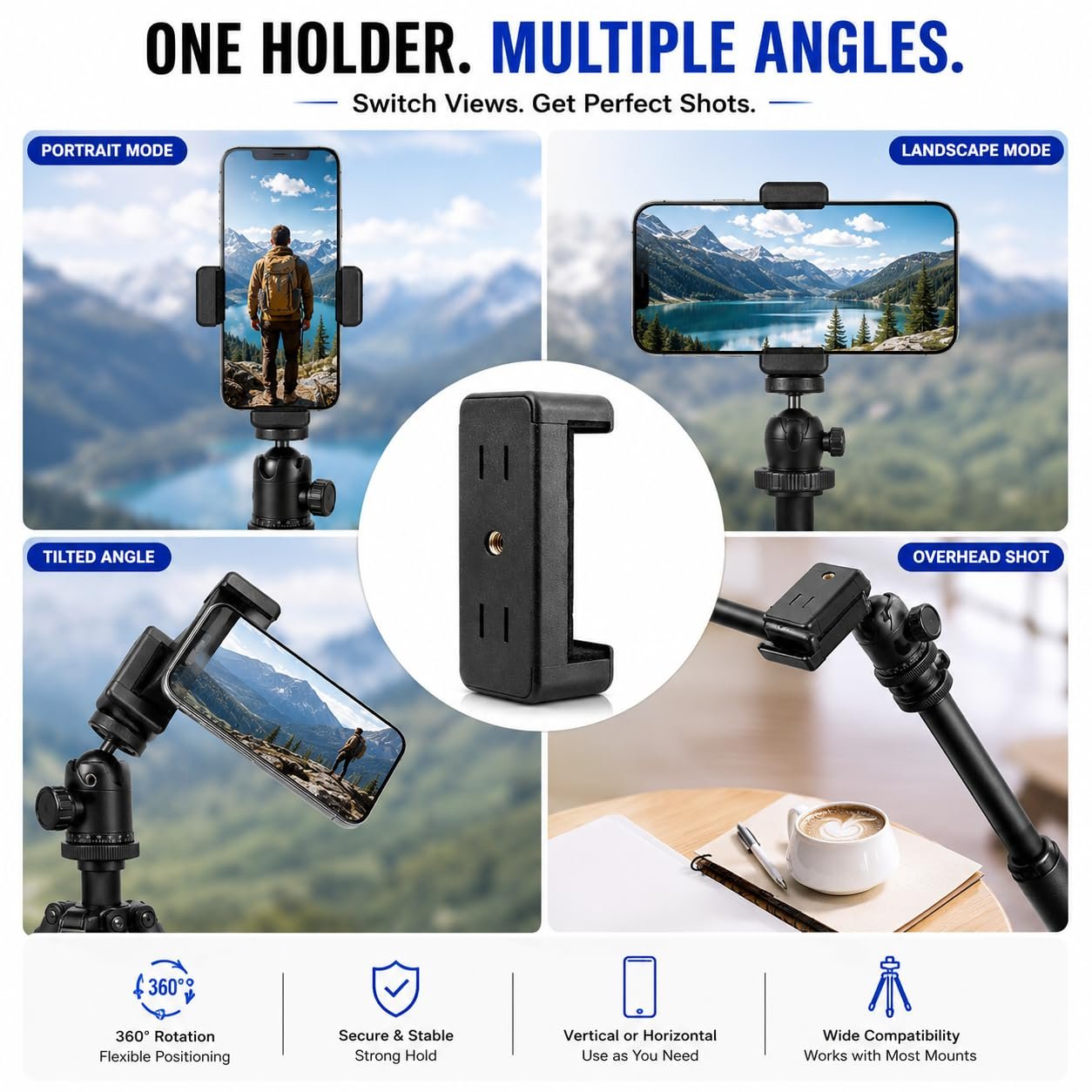 TARAVEE Universal Mobile Holder Clip for Tripod & Monopod | Adjustable Phone Clamp Mount for Smartphones & Cameras | Strong Grip | Lightweight & Durable – (Pack of 2,) (Black) - Image 6