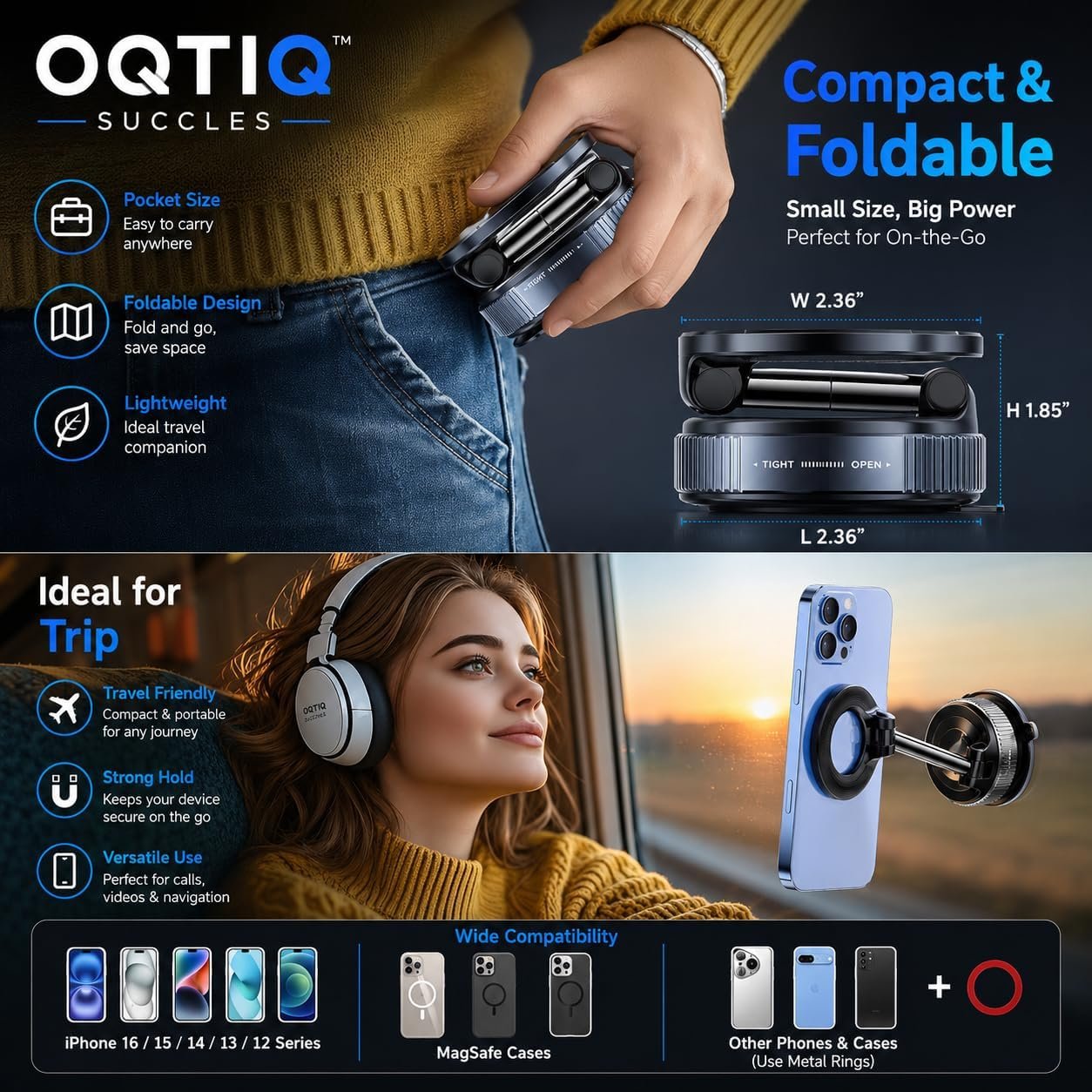OQTIQ SUCGLES Vacuum Magnetic Phone Holder for Car, 360° Adjustable Foldable Mobile Holder with Ultra Strong Suction & Powerful Magnetic Grip, Dashboard, Windshield & Desk Mount for All Smartphones - Image 7