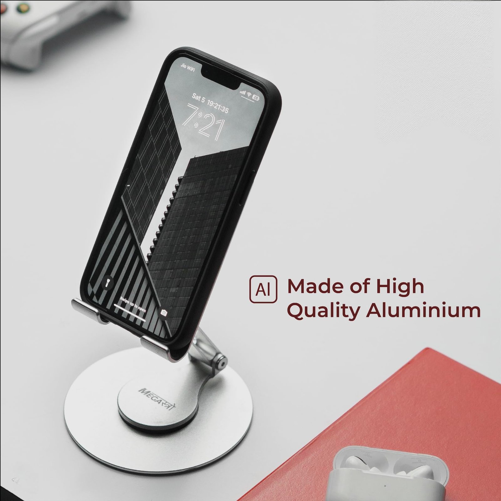 MegaStro® Aluminum 360 Rotatable Phone/Tablet Stand (Under 10inch) - MVPmini | Adjustable, Sturdy, and Versatile | Universal Compatibility | Hands-Free Viewing (Metallic Silver) - Image 6
