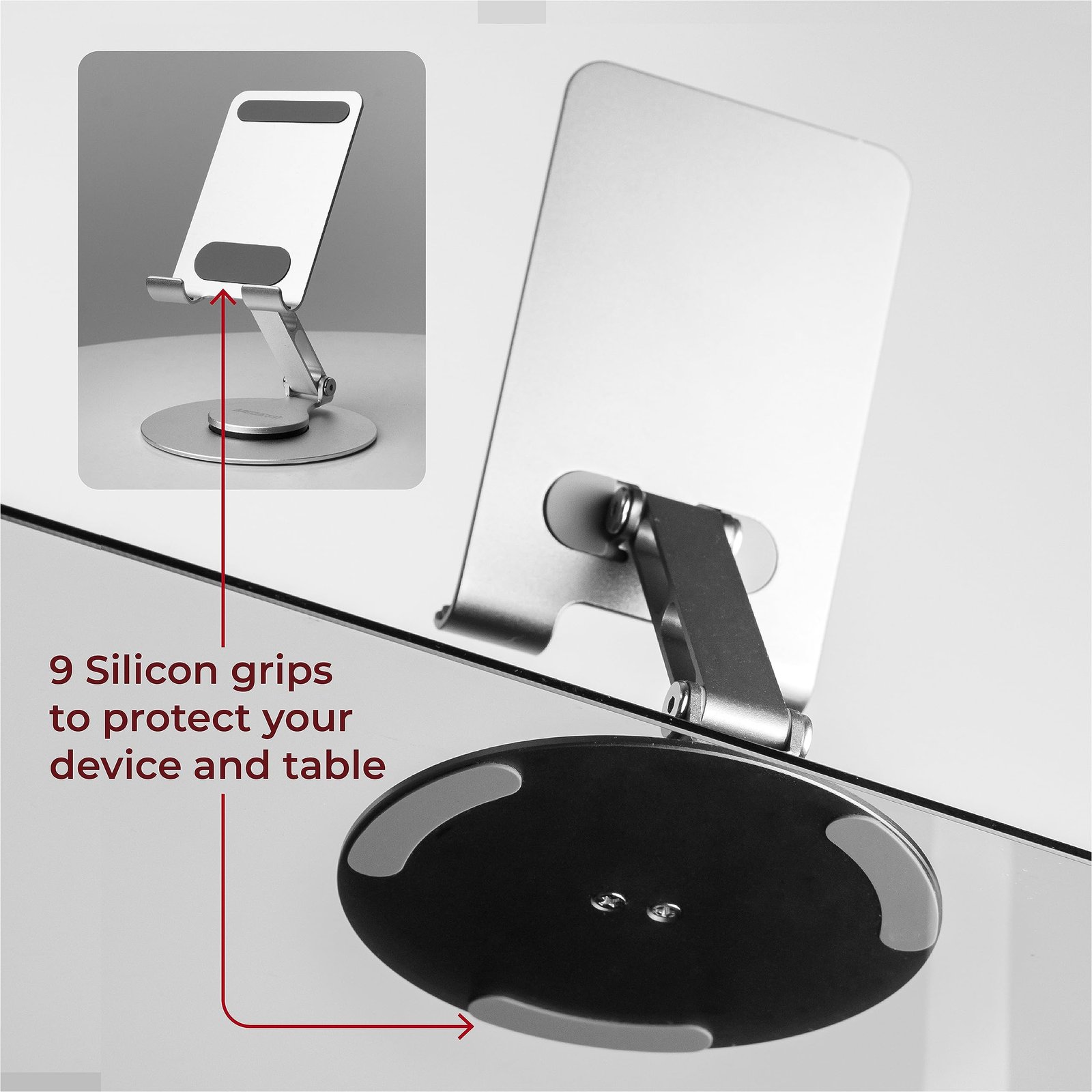 MegaStro® Aluminum 360 Rotatable Phone/Tablet Stand (Under 10inch) - MVPmini | Adjustable, Sturdy, and Versatile | Universal Compatibility | Hands-Free Viewing (Metallic Silver) - Image 2